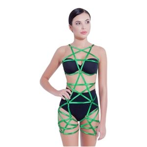 Slime green pentagram bodysuit body harness